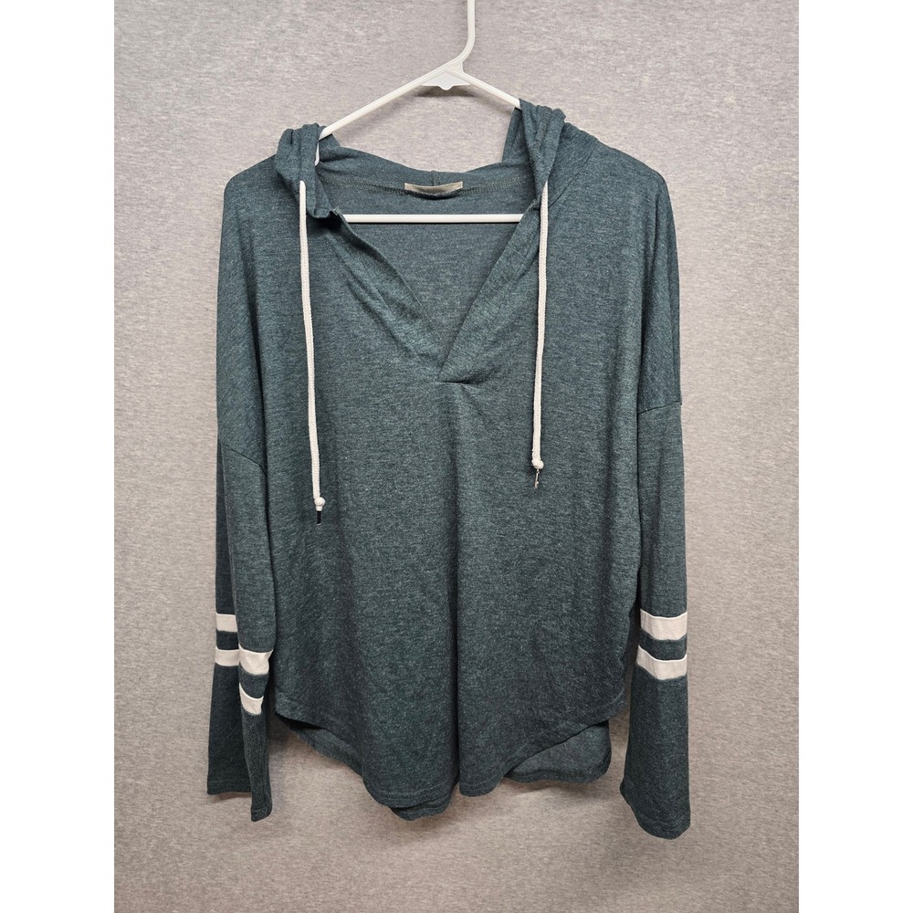 Kirundo Womens V Neck Hoodie Heather Teal Green Varsity Stripe Long Sleeve S